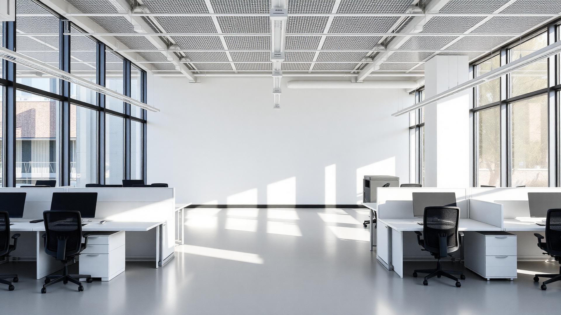 Bright modern open office space with empty workstations and natural light
