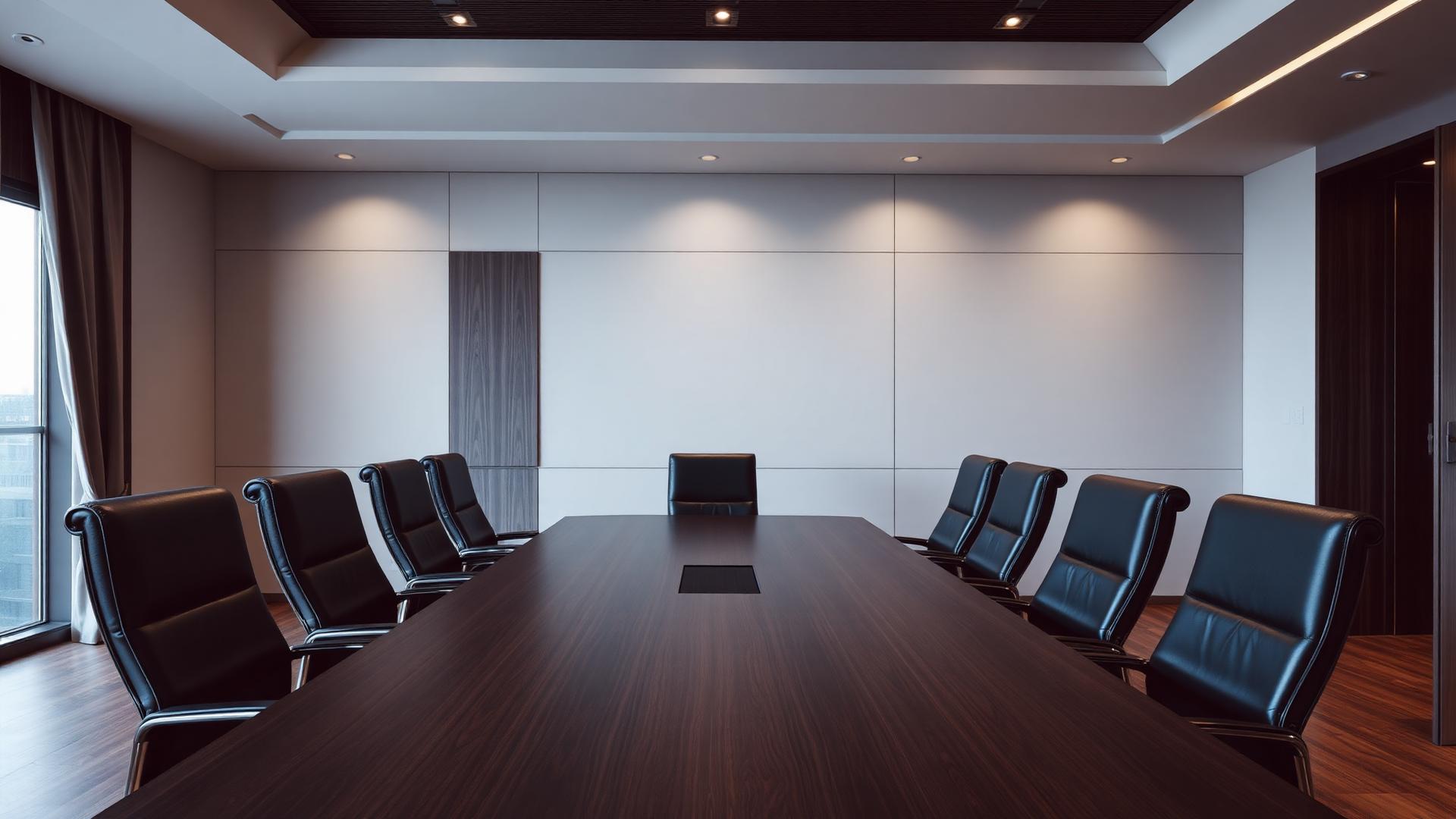 Empty executive boardroom with long wooden table and leather chairs