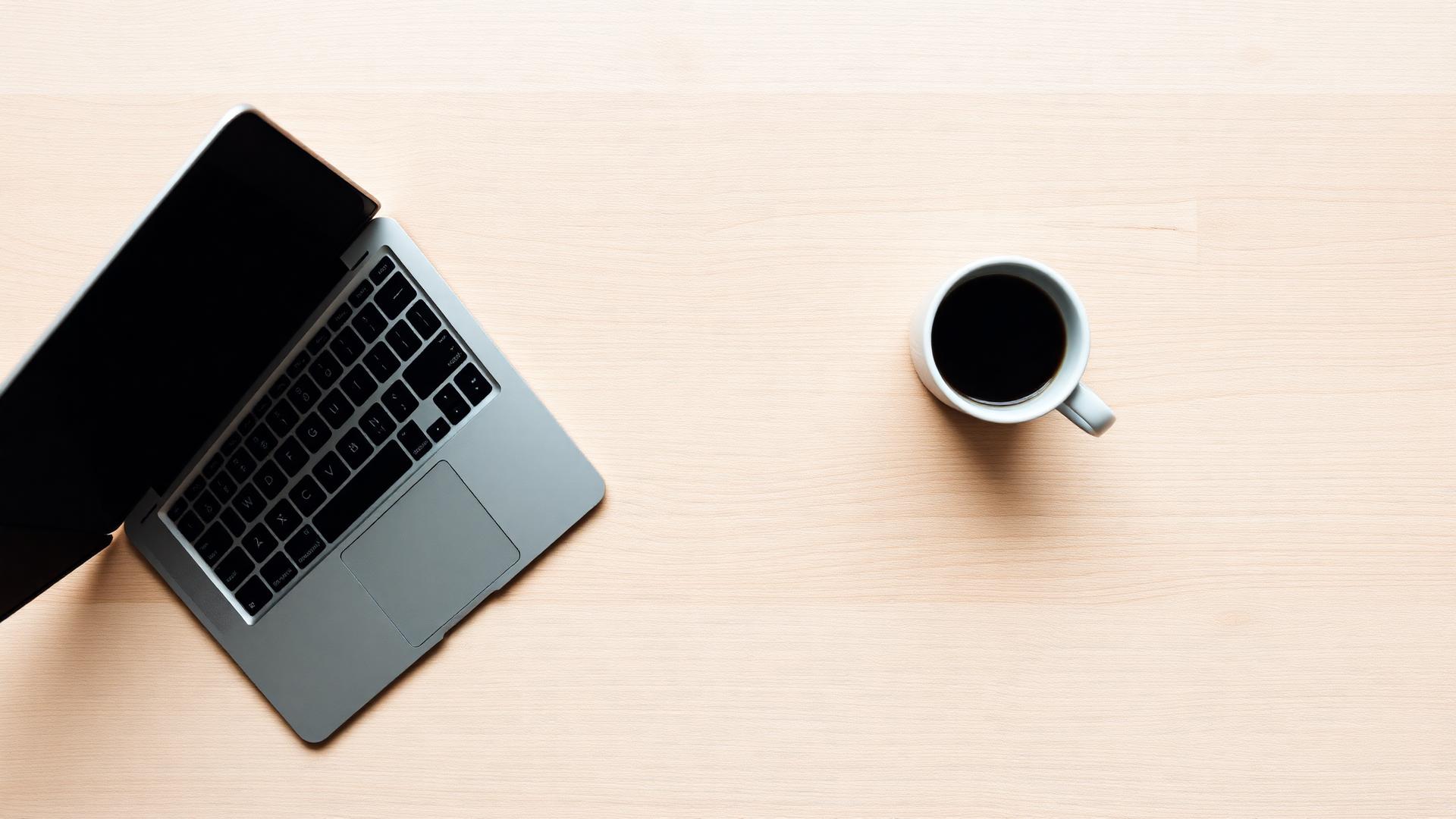 Minimalist desk workspace with laptop and coffee mug flat lay overhead